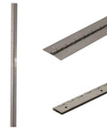 Heavy Duty 42 Inch Satin Stainless Steel Piano Hinge With Twenty Two Pre Drilled 3 16 Inch Mounting Holes displayed from three angles.