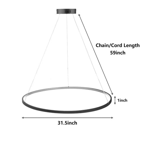 Modern LED Ring Pendant Light With Minimalist Halo Design, 31.5 Inch Ceiling Chandelier dimensions and chain length.