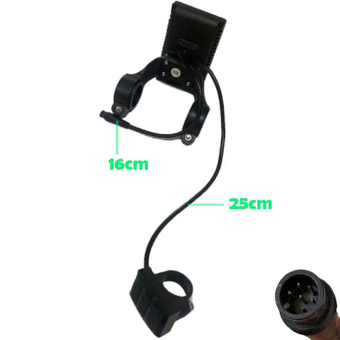 Electric Bike LCD Display Panel for Ebike Conversion Kit 36V Waterproof 6 Pin USB Speed Meter with cable measurements in black.