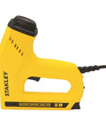 Heavy Duty Electric Staple And Brad Nail Gun With Dual Hi Lo Trigger For No Sweat Woodworking One Half Nine Sixteenths And Five Eighth Brads Eight Foot Cord Real Mule Power side view of yellow electric stapler