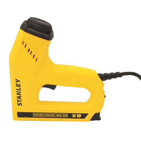 Heavy Duty Electric Staple And Brad Nail Gun With Dual Hi Lo Trigger For No Sweat Woodworking One Half Nine Sixteenths And Five Eighth Brads Eight Foot Cord Real Mule Power, side view with yellow body and power cord.