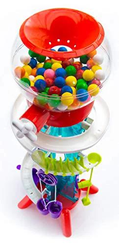 Front view of Gumball Machine Maker toy: clear globe with multicolor gumballs, red top and white base.