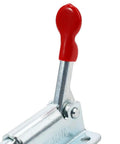 Close-up of Quick Swap Heavy Duty Galvanized Steel Hand Lever for Toggle Clamp Fixtures with red handle and silver base.