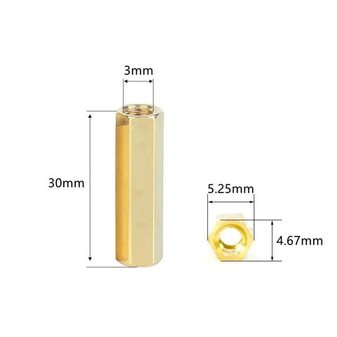 Top Tier Heavy Duty Brass M3 X 30Mm Straight Hex Standoff Pillar Spacers With Knockout Female Threads That Kill Rust And Lock Your Circuit Boards Down In Every Build 40 Piece Bulk Pack showing dimensions and shape.