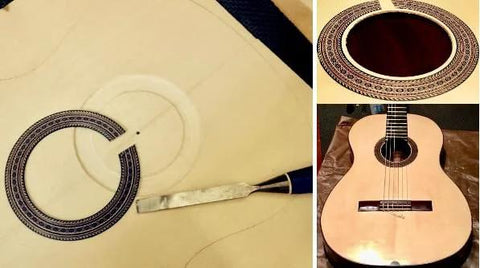 Guitar soundhole circle cutting with Circle Cutting Guide Kit for plunge routers, showing precise inlay work.