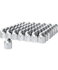 Chrome Wheel Lug Nut Cover Set 1.5 Inch By 2.25 Inch Push On Style Plastic Standard 60 Pack For Cars Trucks And SUVs Keeps Lug Nuts Clean And Protected For Easy Install Great Car Mod Accessory displayed in grid formation