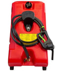 Front view of Flo N Go 14 Gallon Gas Caddy On Wheels With 53 Liter Portable Fuel Tank And Built In 10 Foot Hose And Fuel Transfer Pump