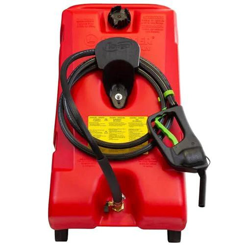 Front view of Flo N Go 14 Gallon Gas Caddy On Wheels With 53 Liter Portable Fuel Tank And Built In 10 Foot Hose And Fuel Transfer Pump