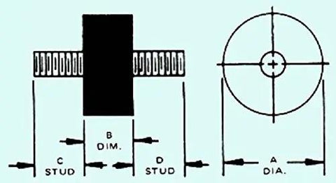 Diagram illustrating dimensions and bolt placement of Rugged Round Double Stud Black Rubber Vibration Mount With Integral Steel Bolts 1 X 1 Inch.