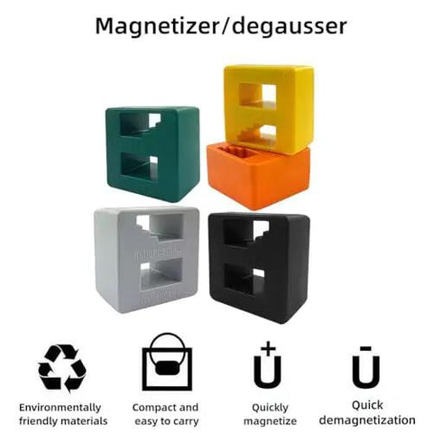 Four dual function pro grade magnet tools and demagnetizers for screwdriver tips in green, orange, gray, and black with icons below.