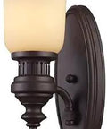 Chadwick 1 Light Sconce in oiled bronze finish with off-white glass wall fixture for living room or bedroom, hardwired design