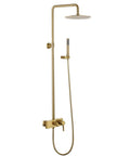 Wall Mounted Exposed Shower System Brushed Gold 3 in 1 with rainfall shower head and handheld sprayer.