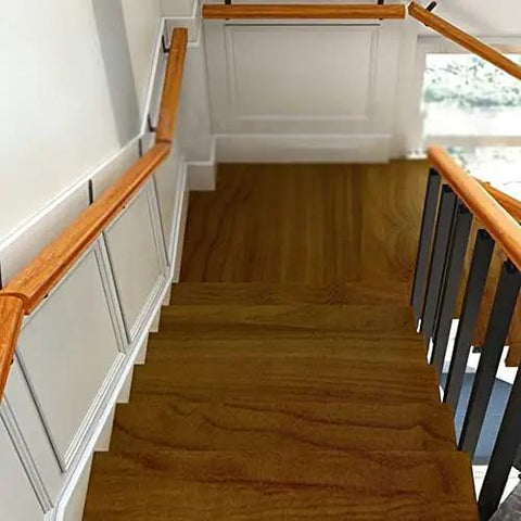 Built Tough Wall Mount Non Slip Stair Handrail And Balcony Banister Kit With Heavy Duty Anti Skid Grip For Indoor Outdoor Steps No Fuss Setup Home Safety Game Changer view of wooden staircase with handrail from top angle.