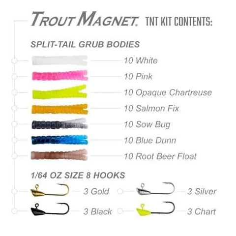 TNT Kit 82-Piece Trout Lure Set With 70 Soft Plastic Bodies And 12 Jig Heads in various colors shown with hooks