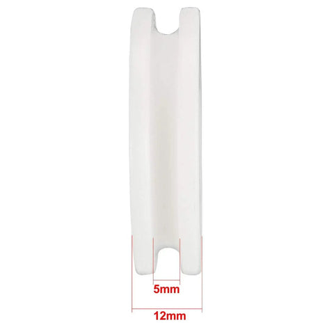 2Pcs Heavy Duty Ball Wheels And Pulleys, 50Mm Od With 8Mm Center Hole, V Groove Nylon Track Rollers For T Slot Rails, side view of white nylon wheel 5mm x 12mm dimensions