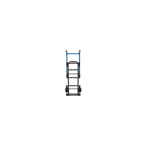 Front view of Four In One Convertible Hand Truck with 800 Pound Capacity, steel frame, adjustable handle, solid wheels for warehouse use.