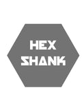 Front view of gray hexagon badge with white HEX SHANK lettering