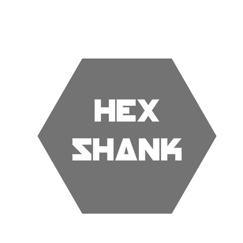 Front view of gray hexagon badge with white HEX SHANK lettering