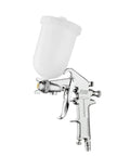 Straight Shooting Pneumatic Paint Spray Gun With Swappable Plastic Cups For Quick Furniture Painting And Smooth As Glass Finishes Featuring No Hassle Setup And Pro Results Every Single Time, chrome finish with white cup.
