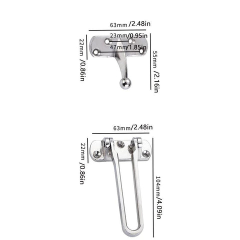 Dimensions of Heavy Duty Door Chain Lock And Safety Buckle For Home And Hotel Doors with zinc alloy silver finish.