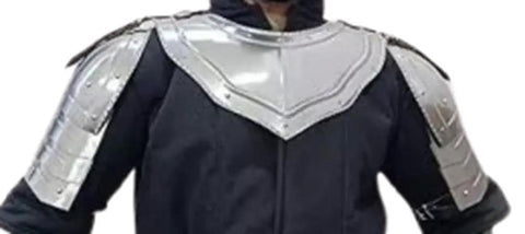 Front view of Medieval Iron Gorget Spaulders Shoulder Armor Set Battle Ready, Viking Crusader Pauldrons Armor, 18 Gauge Steel on mannequin