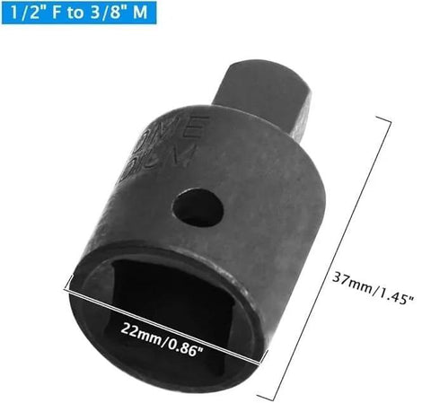 Angled side view of 1/2 in F to 3/8 in M impact socket adapter, CR-V steel, 37mm long