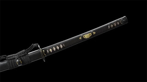 Handle of 1095 Steel Japanese Odachi Long Sword with Iron Tsuba, featuring genuine rayskin grip and intricate design