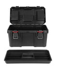 Beefy 19 Inch Tool Box With Big Small Parts Organizer Tray For Nuts Bolts Screws And Drill Bits Made From Dang Tough Resin, opened with tray.