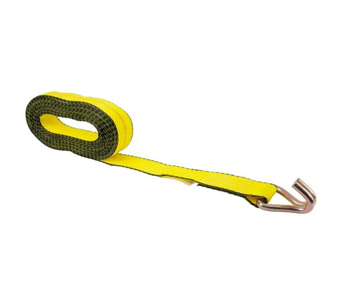 Yellow 2 Inch 30 Foot Ratchet Tie Down Strap with Wire Hook coiled on white background
