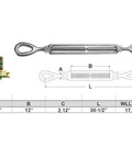Bombproof Drop Forged T316 Marine Stainless Steel Turnbuckle Eye End Rigging Hardware dimensions and military spec details.