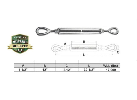 Bombproof Drop Forged T316 Marine Stainless Steel Turnbuckle Eye End Rigging Hardware dimensions and military spec details.