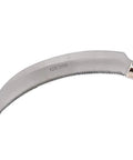 Close-up of K208 Berry Harvest Sickle with wooden handle, 6.5-inch serrated stainless steel blade, Japanese style tool for picking.