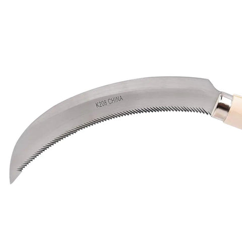 Close-up of K208 Berry Harvest Sickle with wooden handle, 6.5-inch serrated stainless steel blade, Japanese style tool for picking.