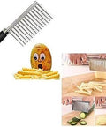 Stainless steel potato cutter with multiple vertical blades and black handle for fries and vegetables.