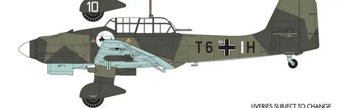 Side view of Junkers Ju87B-1 Stuka WW2 Plane Kit Gift Set, 1:72 scale plastic model in camouflage paint.