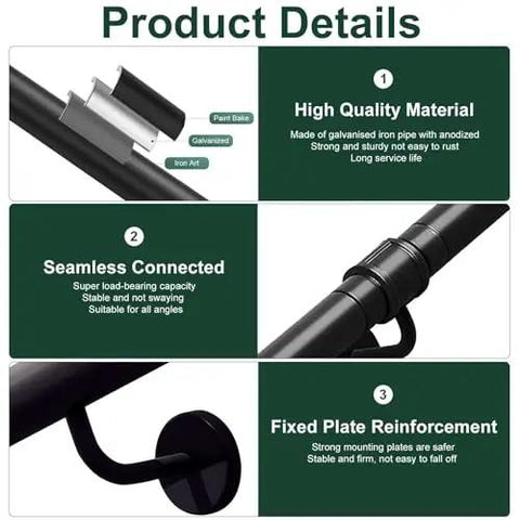 Solid As A Rock Metal Stair Banister Handrail Adjustable Wall Mounted Safety Railing For Indoor Outdoor Steps features high quality galvanized steel and seamless connection.