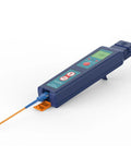 All-In-One Fiber Identifier And VFL Tester For FTTH, 800 To 1700nm, LED backlit display, handheld with fiber connector attached.