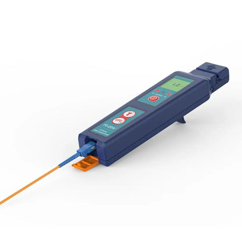 All-In-One Fiber Identifier And VFL Tester For FTTH, 800 To 1700nm, LED backlit display, handheld with fiber connector attached.