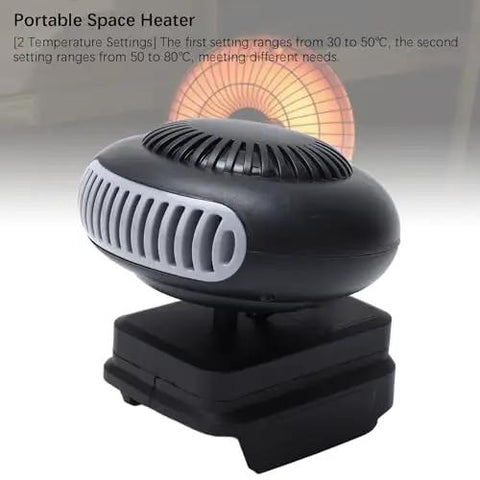 Cordless Portable Space Heater Bringing That Real Deal Warmth For 18V Batteries With 170W Electric Fan and Two Adjustable Heat Settings Plus Dual USB Ports Built Tough For Jobsite Hustle And Home Office Grind Without A Wall Plug Needed showing fan design and heating element.