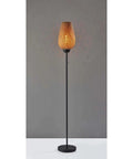 Tall Black Metal Floor Lamp With Natural Bamboo Shade, Warm Ambient Light, And Easy Pull Chain, Durable Sleek Dope Home Accent