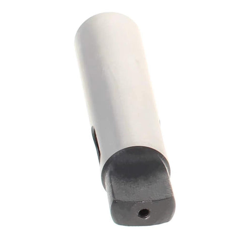 Close-up of Morse taper adapter, 3/4 reducing drill sleeve, metal silver body with dark end cap for lathes and drill presses