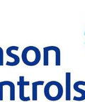 Johnson Controls logo with blue wordmark and circular multicolor emblem