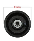 Heavy-duty V-groove gate wheel 4-inch by 2.5-inch close-up with roller bearing for residential rolling gates.