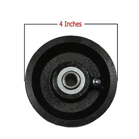 Heavy-duty V-groove gate wheel 4-inch by 2.5-inch close-up with roller bearing for residential rolling gates.