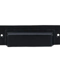 Front view of a black cast iron drawer pull, part of a set of 10 industrial cast iron drawer pulls in black for cabinets, doors, bins, and cupboards.