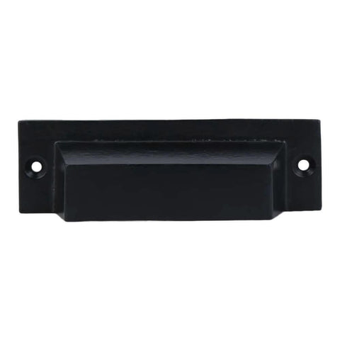 Front view of a black cast iron drawer pull, part of a set of 10 industrial cast iron drawer pulls in black for cabinets, doors, bins, and cupboards.