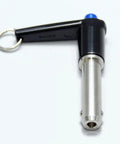 Durable Marine Grade Stainless Steel Ball Lock Pins With Quick Release Button For Easy Indexing, shown at a close-up angle.