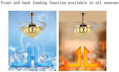 Top Notch 52 Inch Gold Ceiling Fan With Light, Fresh Crystal Lotus Frame, showing front and back loading functions for all seasons.