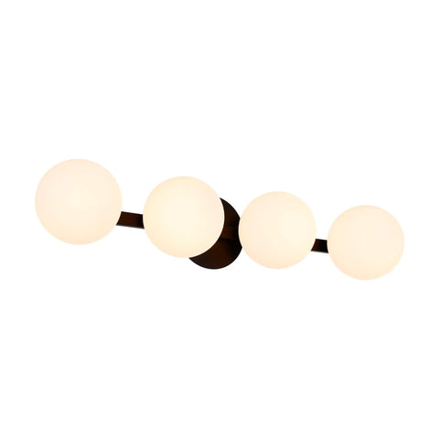 Sleek Matte Black Four Light Vanity Light Fixture With Opal Glass Globes, Modern Wall Sconce for bathroom mirrors and vanities