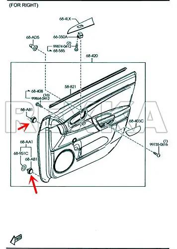 Door Trim Panel Clips Fastener Rivet GJ6R-68-ABX Drop-In Replacement Kit diagram for Mazda Miata RX-8 CX-9 front and rear doors.